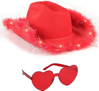 Amazon.com: Funcredible Red Cowgirl Hat with Glasses - Halloween Cowboy Hat with Feathers ...