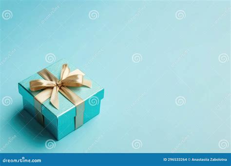Box with Bow on Baby Blue Color Background, Top View, Copy Space ...