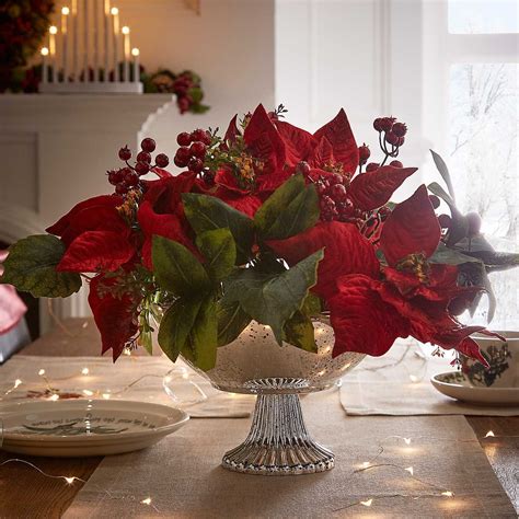 Bloomsberry Poinsettias in Glass Pedestal Bowl | Christmas flower arrangements, Poinsettia ...