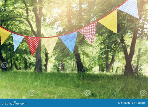 Colorful Bunting Flags Hanging in Park. Summer Garden Party. Outdoor Birthday, Wedding ...