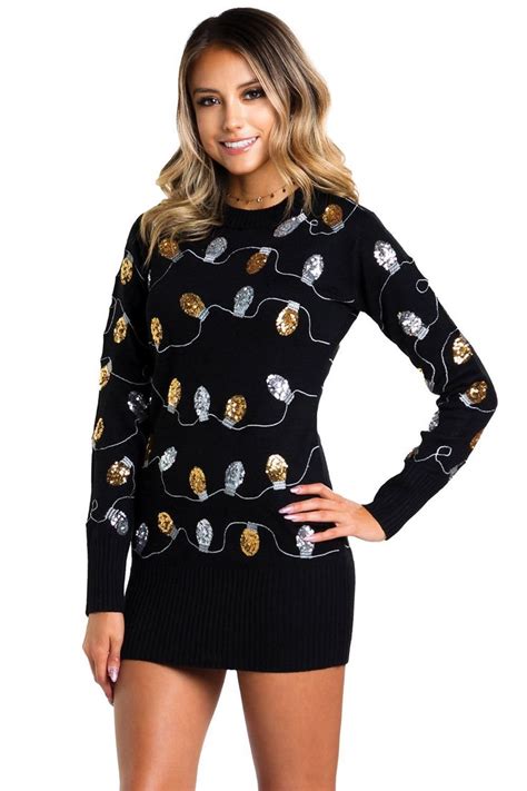 Women's Christmas Light Strand Sequin Sweater Dress | Christmas sweater outfits, Christmas women ...