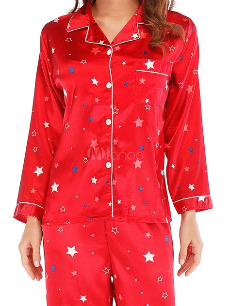 Women Christmas Pajamas Silk Like Red Loungewear Star Print Lingerie ...