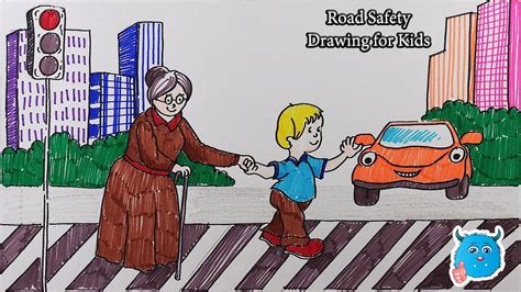 City Road Safety Drawing for Kids-How to Draw Scenery of a Kid Helping Grandmother to Cross the ...