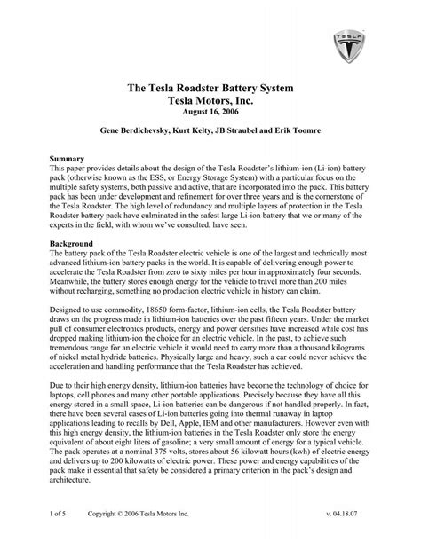 The Tesla Roadster Battery System Tesla Motors, Inc.