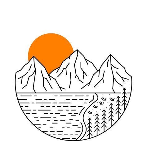 mono line design of mountain and lake views at sunrise 7955501 Vector ...