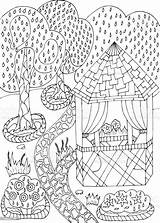Coloring Book Antistress Gazebo In The Garden With Trees And Flowerbeds  sketch template