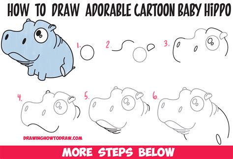 How to Draw a Cute Baby Hippo (Cartoon / Kawaii / Chibi) Easy Step by ...