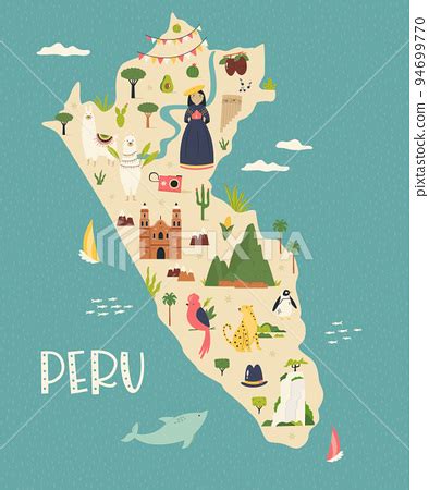 Illustrated colorful map of Peru with famous... - Stock Illustration [94699770] - PIXTA