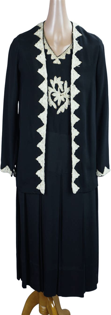 Vintage 30's Black Crepe Embroidered Drop Waist Dress and Jacket | Shop THRILLING