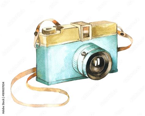 Watercolor vintage photo camera on white background. Retro film camera ...