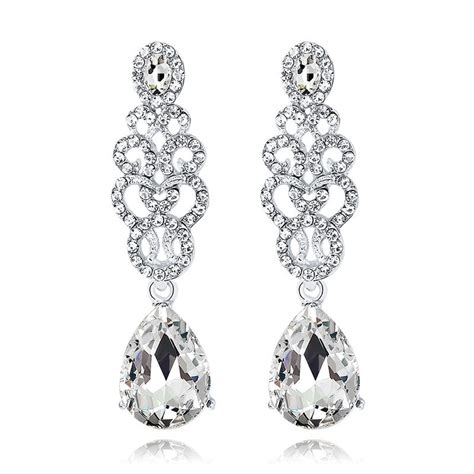 Silver Color Earrings Crystal Wedding Drop Earrings for Women Teardrop Shape Bridal Long ...