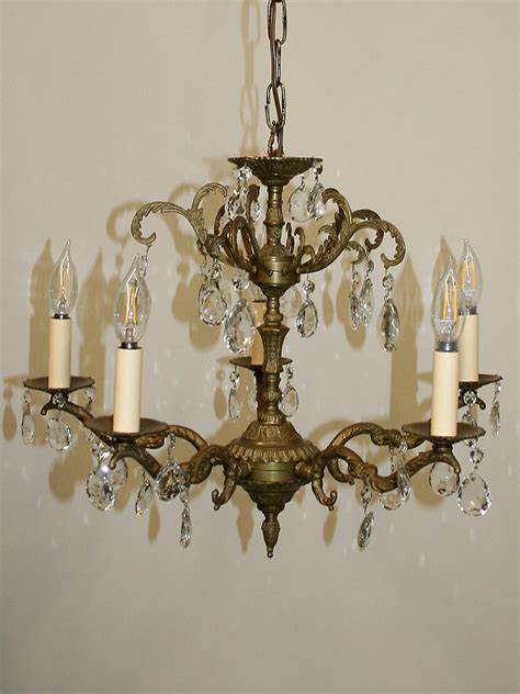 Vintage Brass & Crystal Chandelier w/ Leaf Details, c. 1950