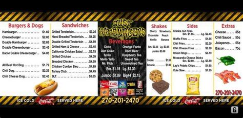 Menu at Just Hamburgers restaurant, Paducah, James Sanders Blvd