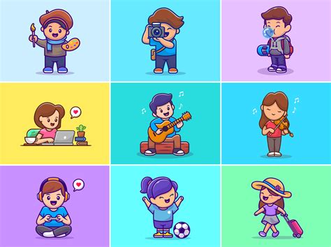 people hobbies 🎨📸🎻🎸🎮💻⚽ | Cartoon illustration, Cute characters, Cartoon