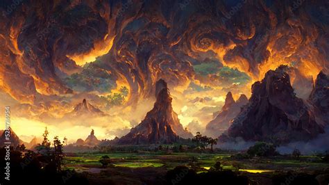 Dramatic high fantasy mountain landscape with surreal clouds. Fictional environment concept art ...