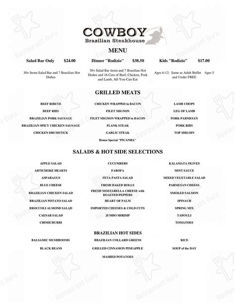 Menu at Cowboy Brazilian Steakhouse, Hilton Head Island, William Hilton ...