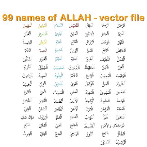 99 Names of Allah, Printable File SVG, Pdf, Cdr . Arabic Hat Art ...