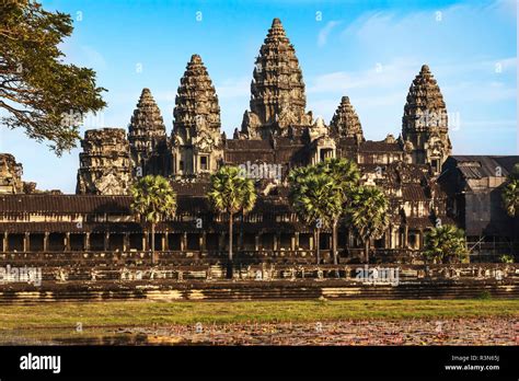 Siem Reap, Cambodia. Ancient ruins and towers of the Angkor Wat temple ...