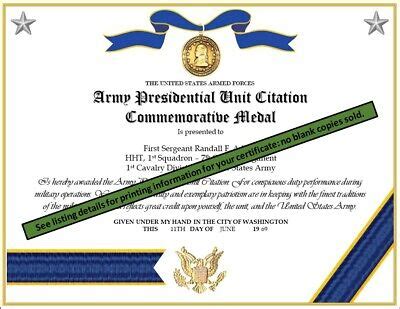 ARMY PRESIDENTIAL UNIT CITATION COMMEMORATIVE MEDAL CERTIFICATE | eBay