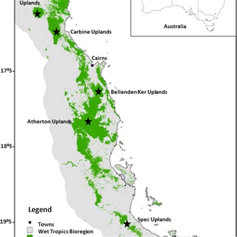 Map of the Wet Tropics. The current extent of rainforest and locations... | Download Scientific ...