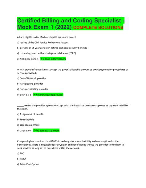 Certified Billing and Coding Specialist - Mock Exam 1 (2022) COMPLETE SOLUTIONS | Billing and ...
