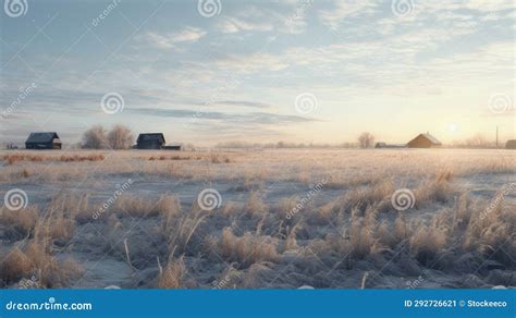 Winter Countryside: Scenic Sunrise with White Farmhouses and Snowy Fields Stock Illustration ...