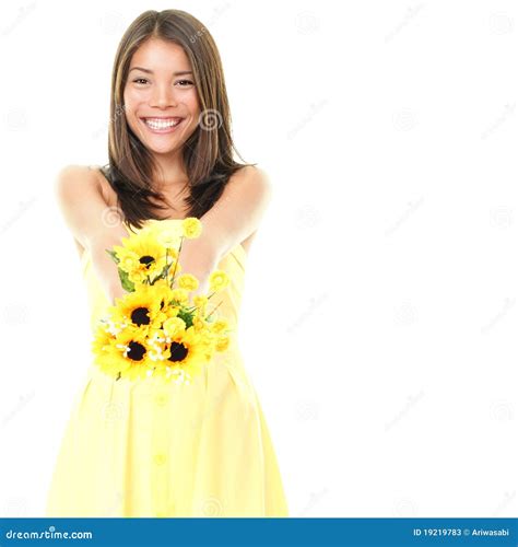 Woman Smiling Showing Flowers Stock Image - Image of isolated, chinese: 19219783