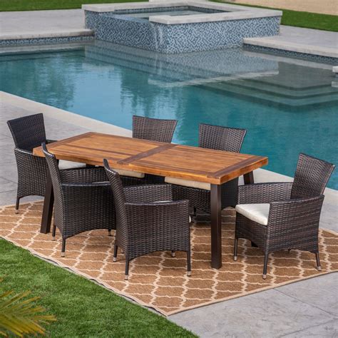 7-Piece Brown Contemporary Wicker Outdoor Furniture Patio Dining Set - Cream White Cushions ...