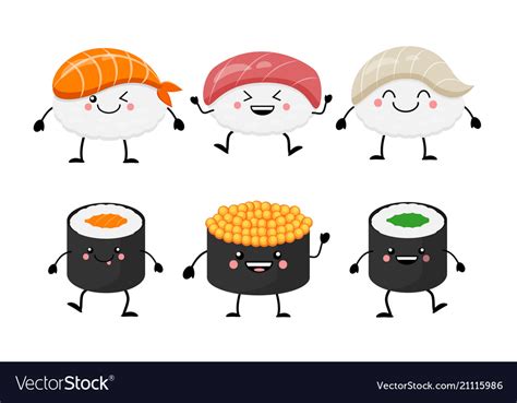 Cute cartoon sushi set characters kawaii sushi Vector Image