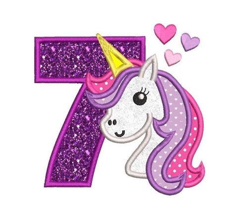 7th Birthday Embroidery Applique Design, Cute Unicorn, 7th Birthday Unicorn, Hearts, Machine ...