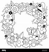 Flower Wreath And Butterflies Black White Coloring Page Stock  sketch template