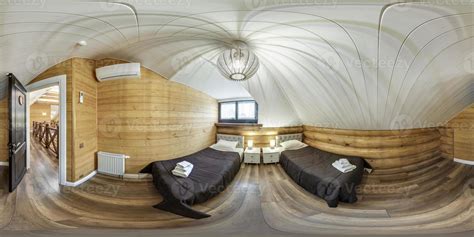 360 hdri panorama in interior of wooden eco bedroom in rustic style homestead on mansard floor ...