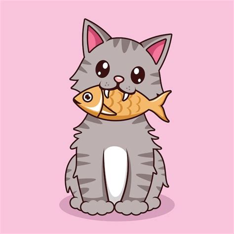 Premium Vector | Cute cat eating fish cartoon vector illustration