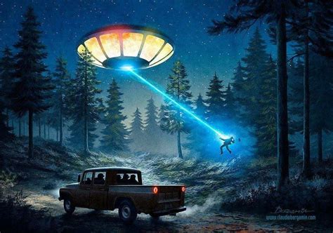 an alien flying over a pickup truck in the middle of a forest with ...