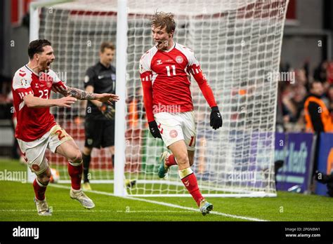 Copenhagen, Denmark. 23rd Mar, 2023. Rasmus Hojlund (11) of Denmark ...