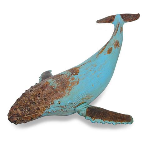 Verdigris Finish Humpback Whale Wood Look Statue Sculptures - Tanga