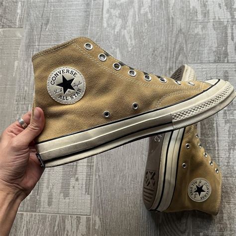 The perfect vintage tan suede high top converse... - Depop