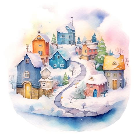 Premium Photo | A watercolor painting of a snowy village with a snowy ...