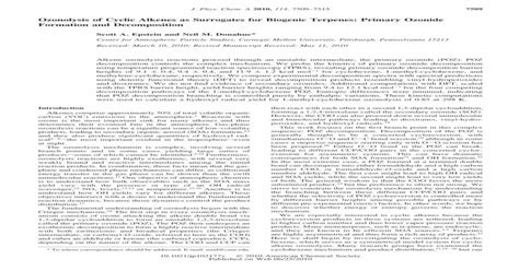 Ozonolysis of Cyclic Alkenes as Surrogates for Biogenic Terpenes: Primary Ozonide Formation and ...