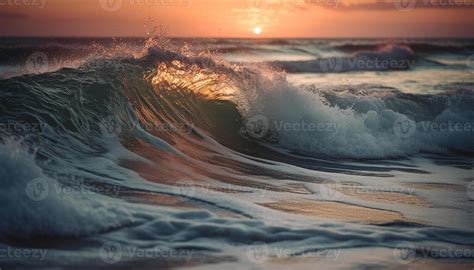 Surfing at dusk, waves breaking, liquid beauty in nature motion ...