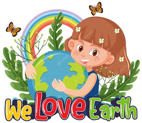 Premium Vector | We Love Earth logo with a girl hugging earth globe