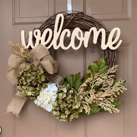 Welcome wreath for front door year round hydrangeas wreath | Etsy