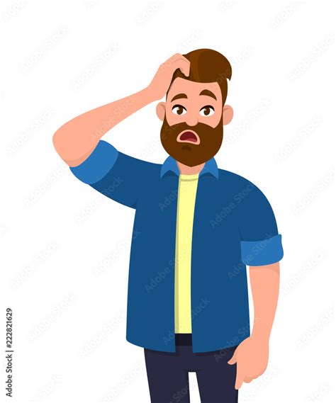 Confused young man scratching his head. Emotions and body language concept. Vector illustration ...