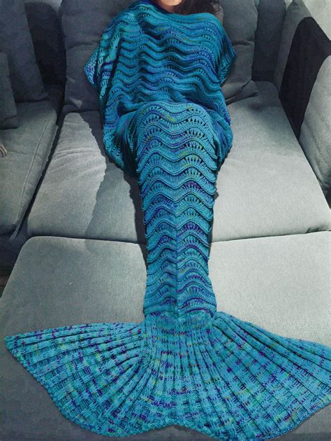 Blue Comfortable Multicolor Knitted Mermaid Tail Design Blanket For Adult | RoseGal.com