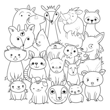 Coloring Page With Many Cute Animals Outline Sketch Drawing Vector, Randomizer Drawing ...