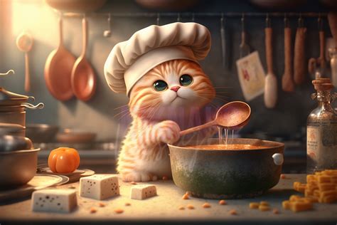 a cat in a chef's hat is stirring something into a pot with a spoon