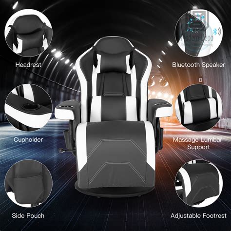 Ergonomic Gaming Chair Bluetooth Speakers Footrest Office Massage Swivel Chair | eBay