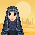 Animation portrait of the Muslim woman in a hijab on a background of the night city. Stock ...