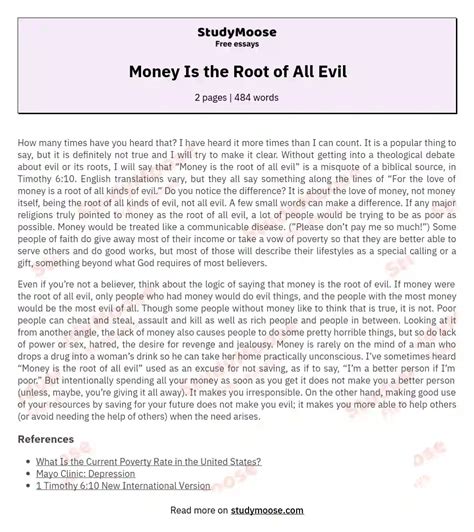 Money Is the Root of All Evil Free Essay Example