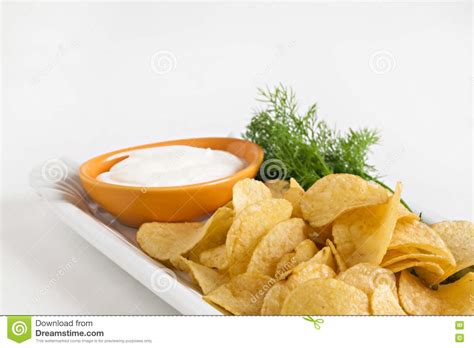 Chips with Sour Cream and Dill Sauce Isolated Stock Photo - Image of glass, food: 77425808